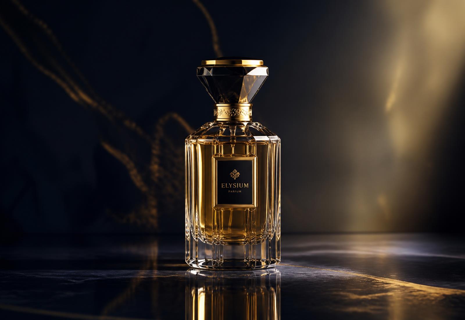 Crystal luxury perfume bottle with gold cap on dark marble